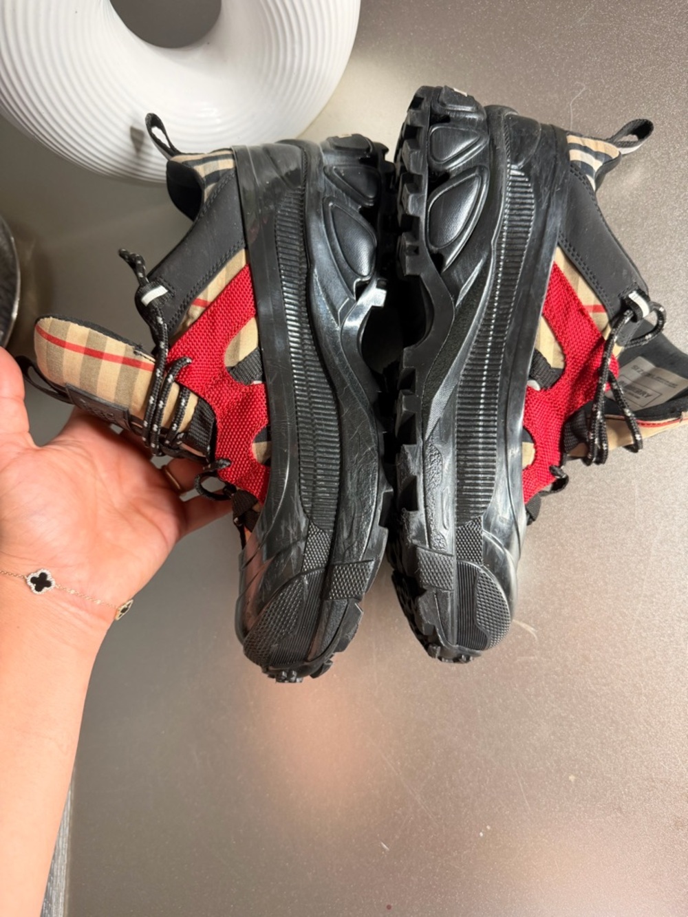 Burberry Kids Red & Beige Check Trail Sneakers - Picture 7 of 7